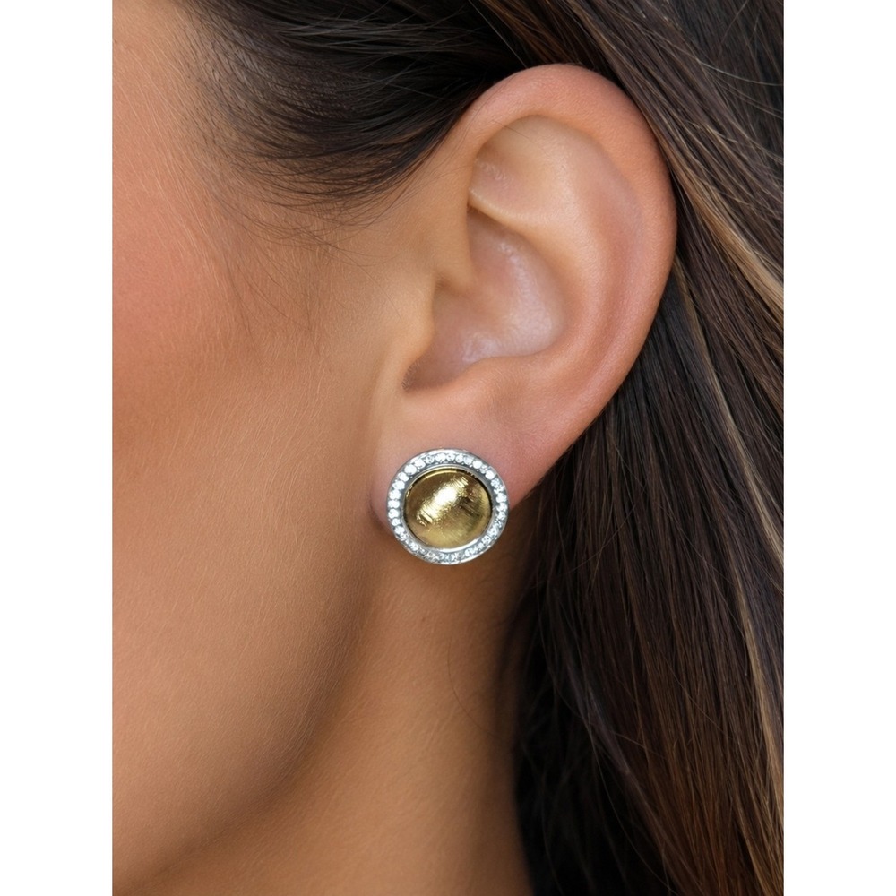 Vintage Gold Tone Dome Stud Earrings Silver Tone Rhinestone Halo Round Statement